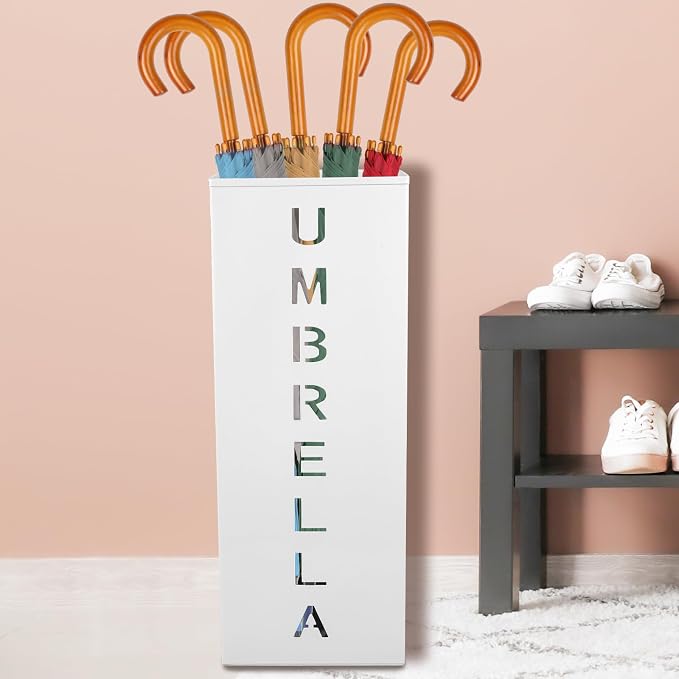 Metal Umbrella Stand Holder, 16.5x6.3x6.3inch Square Free Standing Umbrella Rack Decorative Umbrella Holder Bin Multipurpose Walking Sticks Holder for Umbrella Cane Entryway (White)