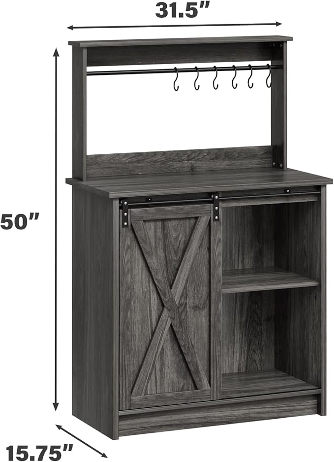 4ever2buy Farmhouse Coffee Bar with Hutch, 31 Inch Buffet Cabinet with Sliding Barn Door, Storage Bar Cabinet with 6 Hooks, Coffee Bar Table with Adjustable Shelves for Living Dining Room, Grey