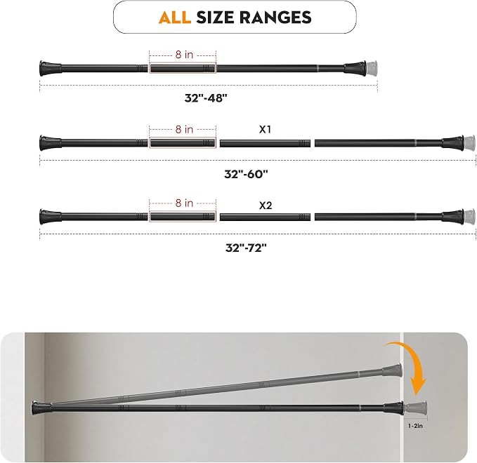 1.1 Inch Diameter Tension Closet Rods for Hanging Clothes 32-72 Inch, Adjustable Pole Closet to Hang Clothes, Heavy Duty Closet bar for Wardrobes with No Drilling Holder, Matte Black