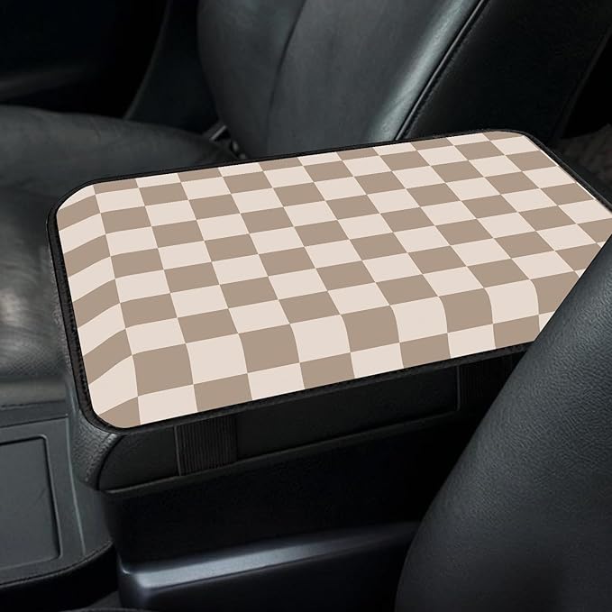 Car Center Console Cover, Universal Soft Large Neoprene Auto Armrest Seat Box Cover, Funny Car Decor Accessories Fit for Most Cars, Vehicles, SUVs Cute Beige Checkered