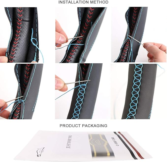 15 Inch Universal Car Steering Wheel Cover Leather (Artificial) Stitch On Wrap with Needle & Thread DIY Red and Blue Splice for BMW Etc