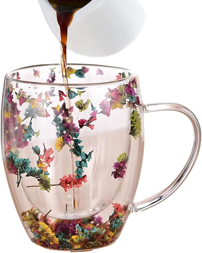 Camyu Artistic Glass Espresso Cup, 350ml Double Wall Insulated Glass Coffee Mugs, Anti-Scald Thick Expresso Coffee Cups With Dried Flowers For Hot Beverages