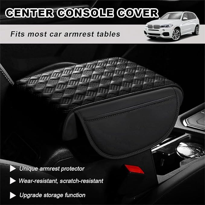 Car Center Console Cover, 12.6"×8.7" Waterproof Leather Auto Armrest Box Protector Elbow Pillow with Storage Pocket, Comfortable Memory Foam Arm Rest Box Cushion Pad, Car Accessories (Black)
