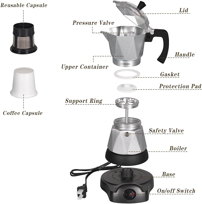 Single Serve Coffee Maker for K Cup & Ground Coffee, Electric Espresso Coffee Maker, Portable Cafeteras Electricas Modernas, Electric Moka Pot with Detachable Base & Overheat Protection (150ml)