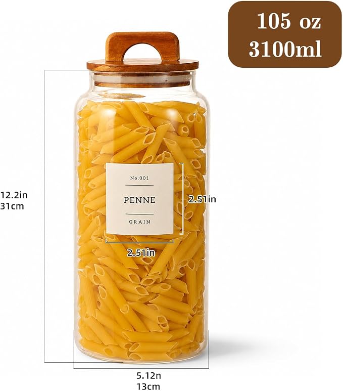 2 Pack Large Glass Flour and Sugar Containers with 132 Pantry Labels - 105 FL OZ Glass Canisters with Bamboo Airtight Lids - Farmhouse Kitchen Glass Pantry Jars for Cookie, Rice, Pasta, Cereal, Salt