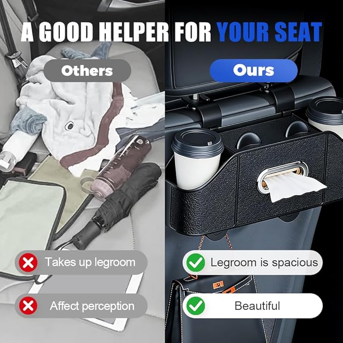 Multifunctional Car Back Seat Storage Organize with Tissue Holder, 2 Cup Holders and Purse Hooks, For Phones, Snacks, Drinks, Bags, Travel Storage (Black)