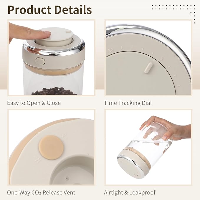 Coffee Bean Storage Container with CO2 One-Way Valve, 1100 ml Clear Glass Coffee Canister with Date Tracker, Vacuum Storage Container for Beans, Grain, Snack, Sugar, Tea, 6.3 x 4.45 in