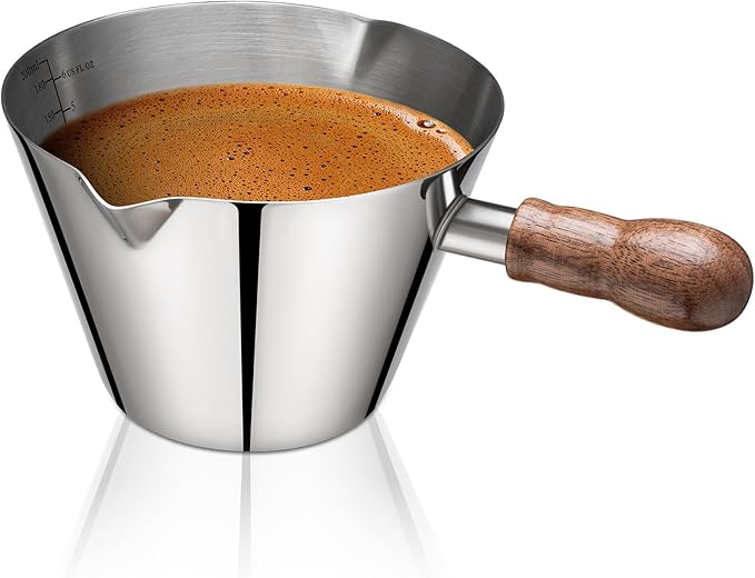 Espresso Cup, 6.8 oz/200 ml Stainless Steel Coffee Shot Measuring Cup with Wood Handle, Double V-Shaped Mouth and Clear Scale for Cappuccino Barista Coffee Bar Accessories, Silver