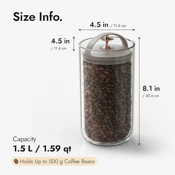 carrotez Vacuum Sealed Coffee Bean Container – 1.5 L (50.7 oz) Ecozen Airtight Food Storage Canister with Easy-Release Lever, Durable Space-Saving Design for Kitchen Countertop