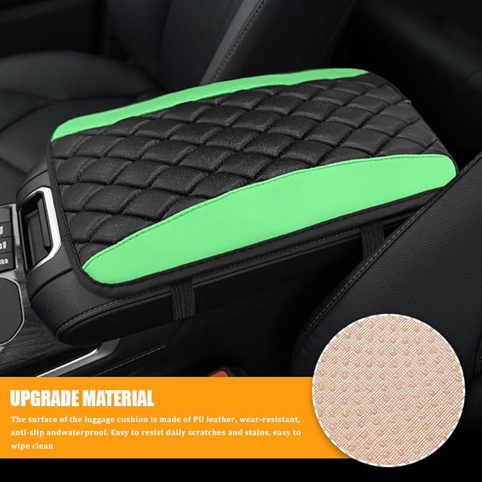 Car Center Console Cover, Leather Waterproof Armrest Seat Box Cushion Pad, Universal Decor Protector Mat, Comfortable Car Decor Accessories Fit for Most Cars, Vehicles, SUVs (Green)