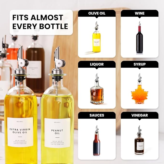 Molimoli Liquor Pour Spout Made of Stainless Steel with Automatic Anti-Oxidation Mechanism, Bottle Pourers for Alcohol, Olive Oil Dispenser Spout, Wine Pourer Spout, Oil Bottle Spout, Silver 4-Pack