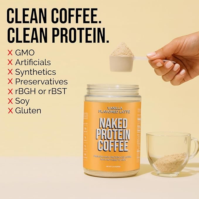 NAKED Vanilla Latte Protein Coffee - Premium Colombian Iced Coffee Protein Shake Drink, Delicious Keto Friendly and Gluten Free, 17 Servings