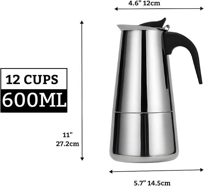 Stainless Steel Moka Pot, Gas/Electric Stovetop Espresso Maker, Percolator Coffee Pot Italian Percolator Cuban Café Brewing, Greca Coffee Maker (12CUP 600ml)