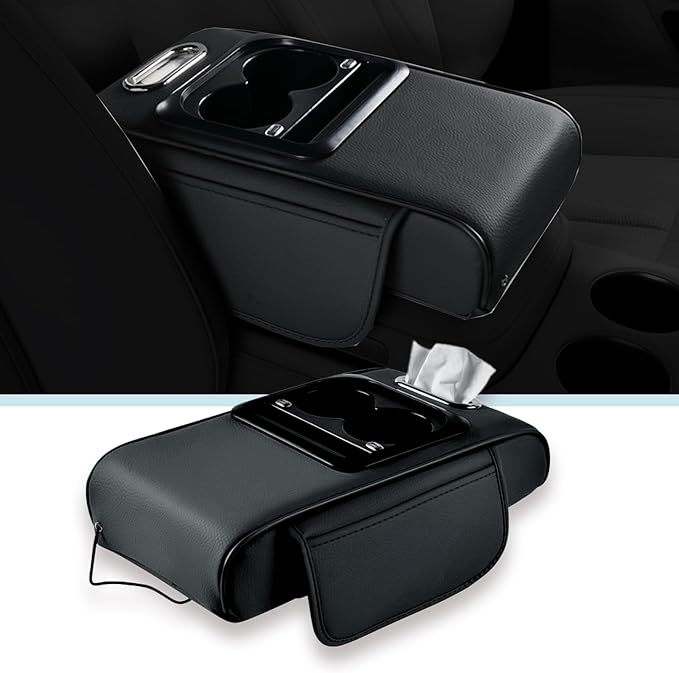 Car arm Rest Cover Pad (Upgraded Type-C), 5-in-1 Center Console Cover with Cup Holder, Tissue Box Slot, Mobile Phone Storage Slot, Suitable for Most Car Console Organizer , 13.8''x7.1''x3.0'', (Black)