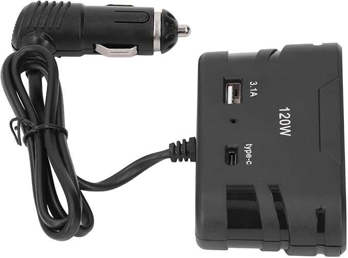 Pilipane Cigarette Lighter Plug Splitter Adapter 1 to 3 Multi Port Power Plug Car Charger with USB and Type C 12V 24V 120W for Car Refrigerators Cameras Mobile Phones ABS Material