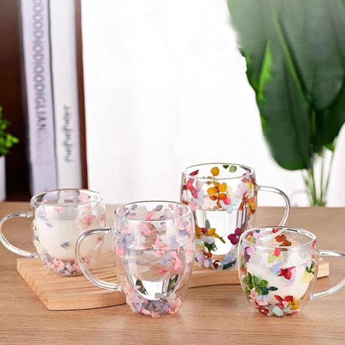 Dried Flowers Double Wall Clear Glass Coffee Mugs,Creative Clear Glass Cups with Handle, Double Insulated Glass Cup, 350ml Glass Coffee Cups