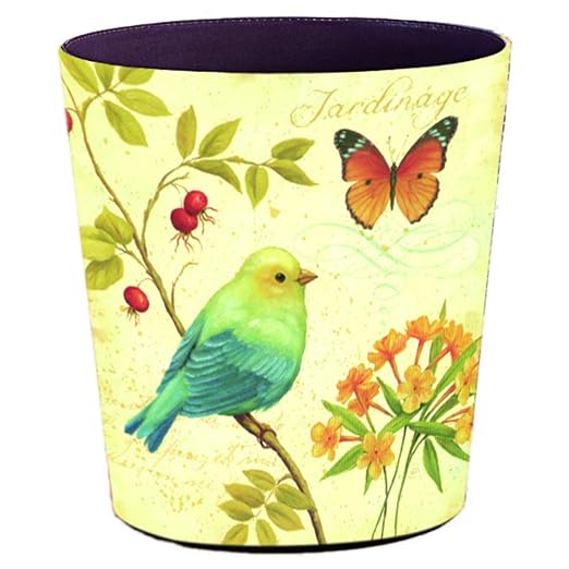 10L/2.64 Gallon Trash Can, Decorative Waste Basket, PU Leather Waste Paper Basket, Waterproof Garbage Can for Bathroom, Bedroom, Office, Kitchen and Living Room - Green Bird