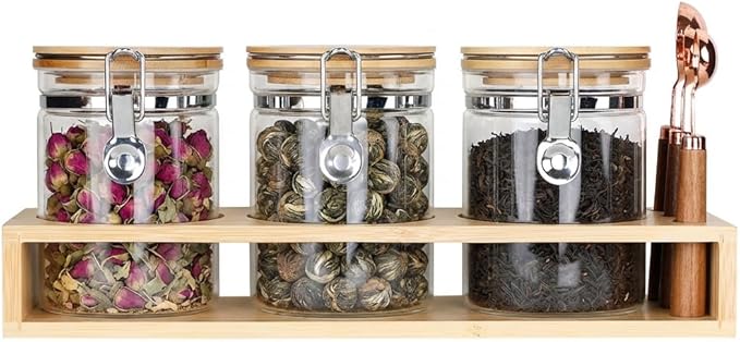 Airtight Glass Tea Containers with Bamboo Lids & Spoons (27oz) - Ultimate Storage Canisters for Loose Leaf Tea to Preserve Freshness & Flavor - Elegant Tea Caddy Jars for Kitchen & Pantry - Set of 3