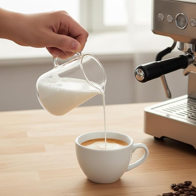 Glass Creamer 8.5 oz, Small Milk Pitcher with Spout, Breast Milk Pitcher for Coffee Bar and Tea, Mini Cream Server, Clear Borosilicate Container