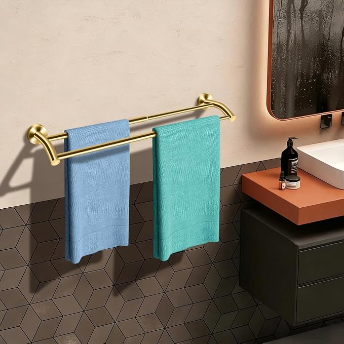 MGahyi Adjustable Double Towel Bar 14.5-24.8Inch, Matte Telescopic Stainless Steel Wall Mount Towel Holder, Rustproof Towel Rack for Bathroom Kitchen RV Laundry Hotel (Gold, Double-Bar)