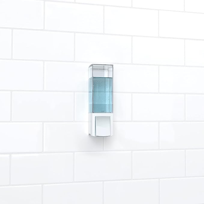 Better Living Clever Soap Dispenser 1 Chamber, Wall Mount Shower Soap Dispenser for Bathroom Hotel Body Wash, Sanitizer Dispenser, Movable Storage Hooks, No Drill, 17 oz, White