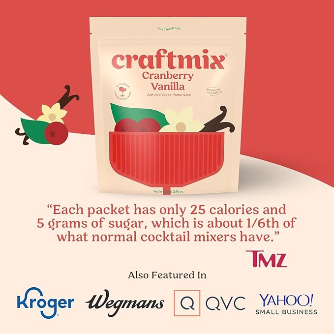 Craftmix Cranberry Vanilla Cocktail & Mocktail Drink Mixer, Skinny Mixes - Water Flavoring Packets - Made With Real Fruit - Vegan, Low-Carb, Low-Sugar, Non-GMO, Dairy Free, Gluten Free, 12 Pack
