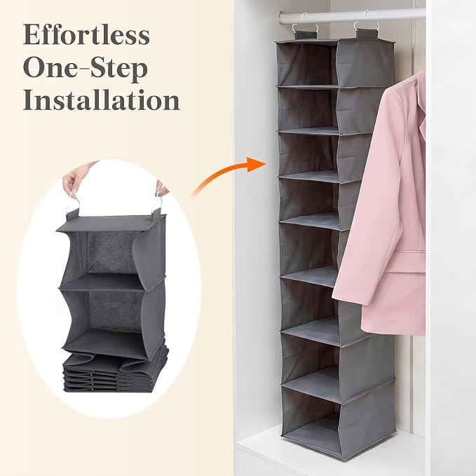 Lifewit 8 Tier Hanging Closet Organizer and Storage for Shelves, 1 Pack Foldable Clothes Shelf with 2 Sturdy Hooks, Sweater/Coat/Shoes Clothing Organization for Wardrobe, Dorm, Bedroom, Gray