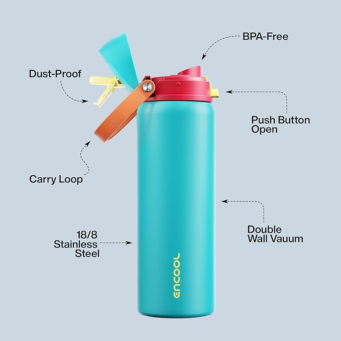 Insulated Water Bottle with Straw - Encool Stainless Steel Water Bottle with Push Button Lid, Leak-Proof & BPA-Free, Keeps Cold for 24 Hours for Sports, Travel, Gym (32 oz, Cerulean Blue)
