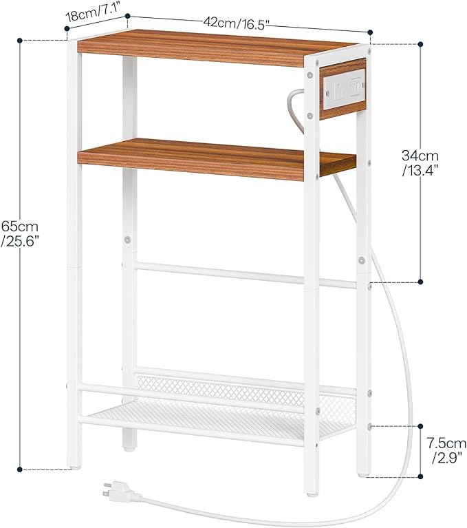 HOOBRO Small Narrow Side Table with Charging Station, Skinny End Table for Small Spaces, Slim Nightstand with USB Ports Outlet, Sofa Beside Table with Storage Shelf, White and Walnut WH102UBZ01