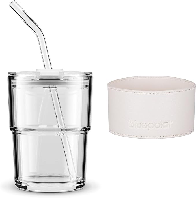 13 oz Tumbler Water Glass, Water Bottle with Straw and Dustproof Lid, Coffee Ice Cup Double Wall Insulated Glass Cup (White with Protect Sleeve)
