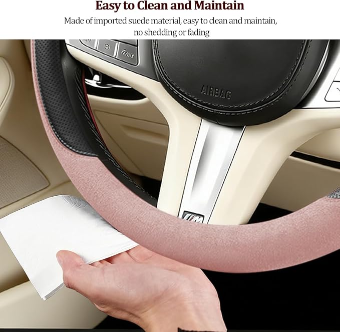 HZEL Car Steering Wheel Cover, Non-Slip Suede Leather Breathable Vehicle Steering Wheel Protector with Inner Ring, Automotive Interior Protective Accessories, Universal Fit (Pink)