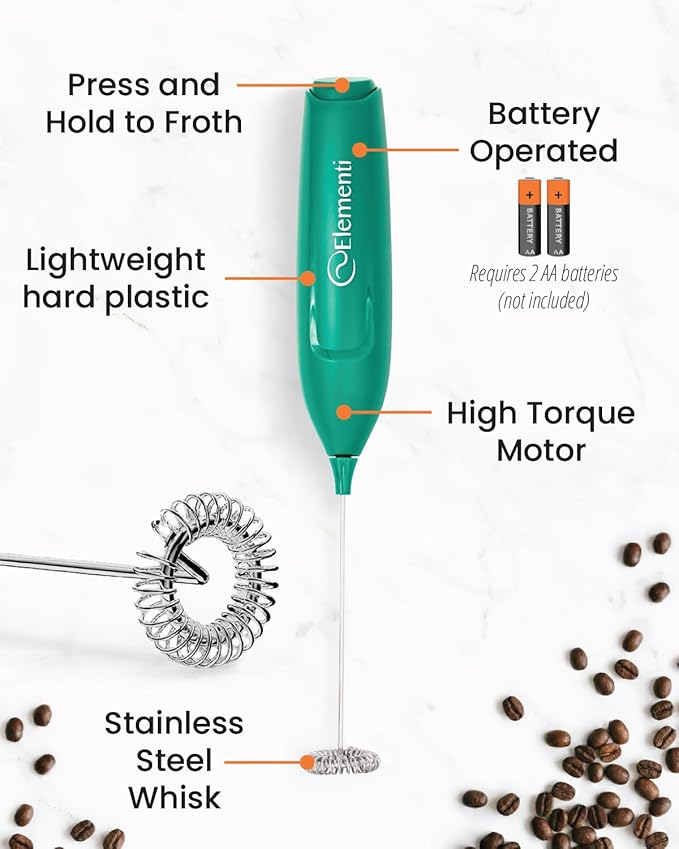 Elementi Powerful Matcha Whisk – Lightweight Matcha Frother Wand & Drink Mixer Handheld, High Speed Mini Whisk for Tea & More, Coffee Mixer Wand, Milk Frother Handheld (Emerald Green)