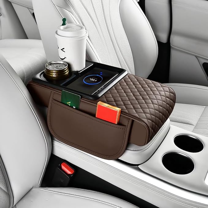 Armrest Cover for Car for Tesla Model X 2016-2026, 4 in 1 Storage Box Pad with Cup Holders, Center Console Cover Cushion Heightening Pad,C