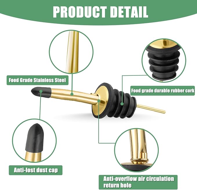 WAFJAMF 6 Pcs Liquor Pour Spouts Set, Stainless Steel Liquor Bottle Pourers with Rubber Dust Caps, for Pours Liquid, Olive Oil, Wine, Vinegar (Gold)