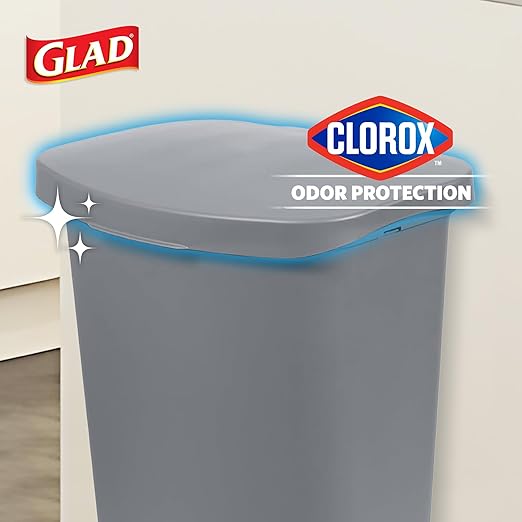 Glad 13 Gallon Trash Can with Clorox Odor Protection | Plastic Kitchen Waste Bin | Hands Free with Step On Foot Pedal and Garbage Bag Rings, Grey