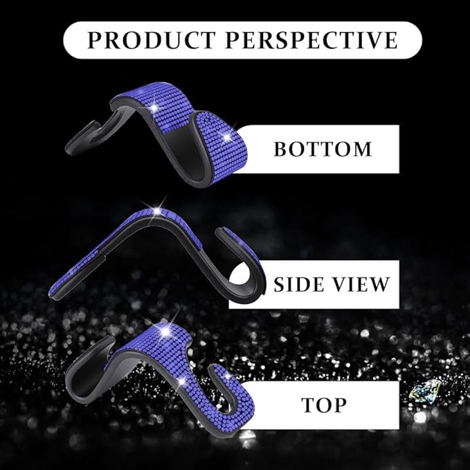 2PCS Car Seat Hooks, Purse Hook for Car, Crystal Rhinestone Vehicle Backseat Purse Holder, Auto Accessories Diamond Auto Seatback Storage Organizer Hanger for Handbag Clothes Purse (Blue)