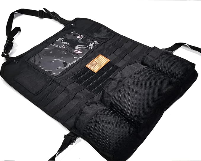 Upgrade Tactical MOLLE Car Back Seat Organizer With 14 Multi-Pockets and 4 Detachable Pouches: Trucker hat, Trauma Medical & Water Bottle Pouch, EDC Pouch, Vehicle Protector Organizer