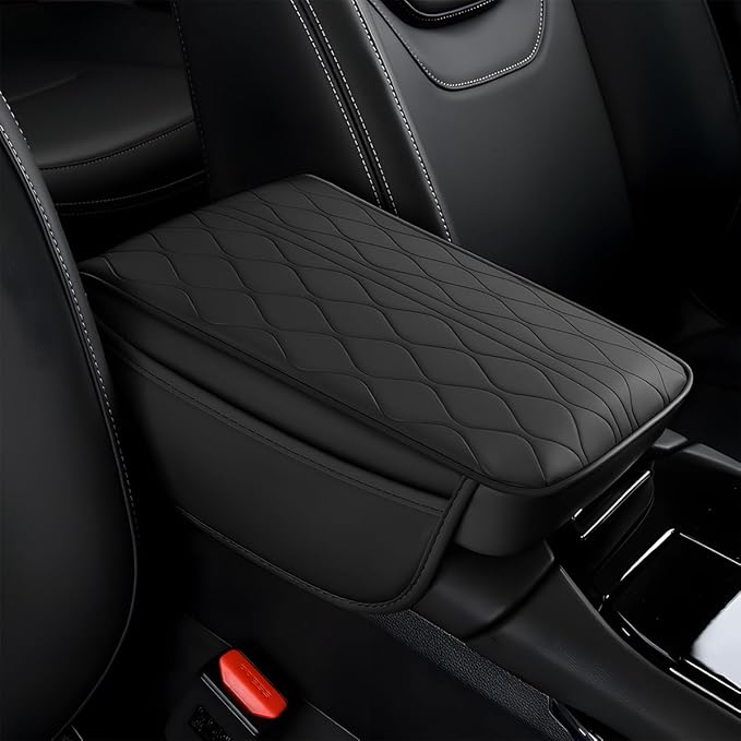 Car Center Console Cover, Leather Vehicle Arm Rest Protection Cushion with 2 Side Storage Bags, Auto Interior Armrest Storage Box Pad Accessories, Universal for SUV, Sedan, Truck (Black)