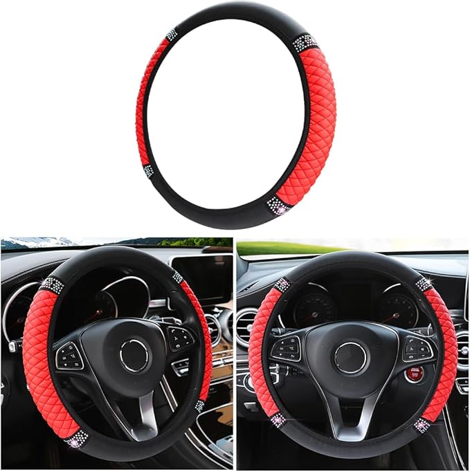 Bling Soft Leather Steering Wheel Cover, 15 Inch Colorful Rhinestones Auto Elastic Steering Wheel Protector, Sparkly Crystal Diamond for Women Girls, Car Accessories for Most Cars (Red)