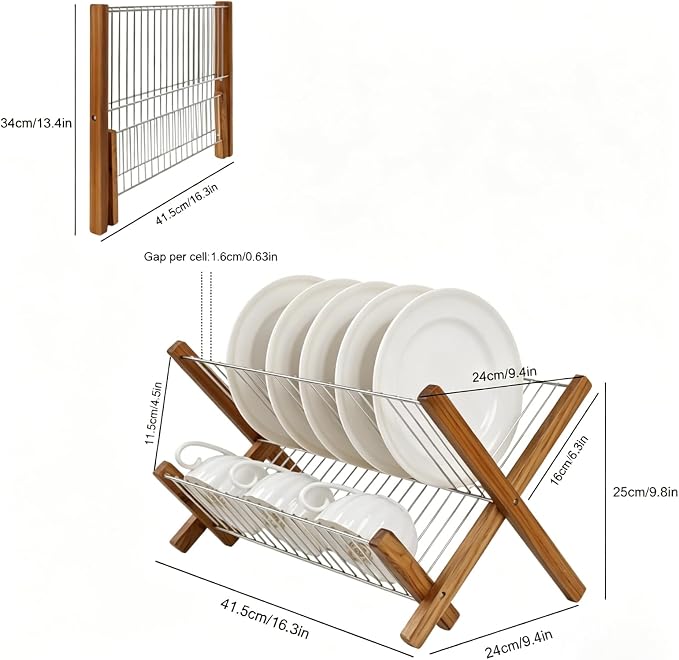 HTB Dish Drying Rack 2 Tier,Collapsible Stainless Steel & Teak Wood Dish Drying Rack,Foldable Dish Drainer for Plates,Cups,Kitchen Counter,Home,Apartment