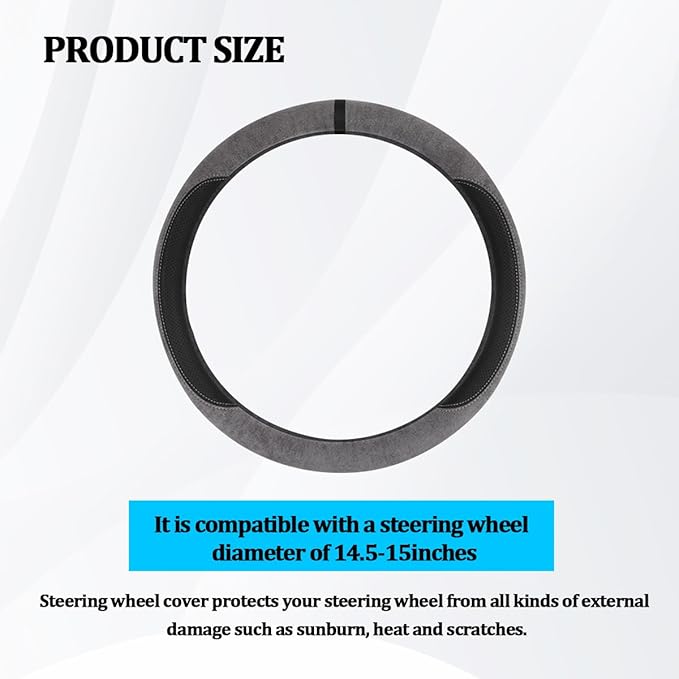 HZEL Car Steering Wheel Cover, Non-Slip Suede Leather Breathable Vehicle Steering Wheel Protector with Inner Ring, Automotive Interior Protective Accessories, Universal Fit (Light Silver Gray)
