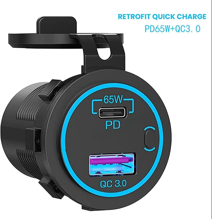 6X 65W PD 12V USB Outlet for Laptop USB C Car Charger Socket Multi Port Outlet Waterproof Adapter for Car Boat Truck