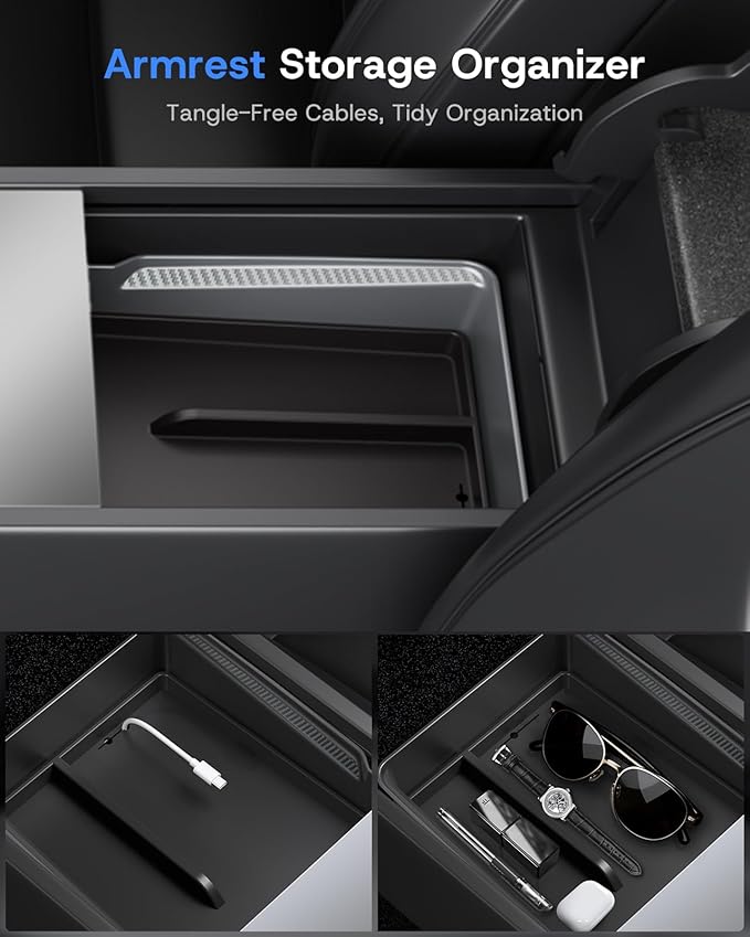 Center Console Organizer for Tesla Model Y Juniper Accessories 2026 2025 & Tesla Model 3 Highland Accessories [Durable PC + Silent Silicone Liner] Armrest Storage Tray Wireless Charging Pad Cup Holder