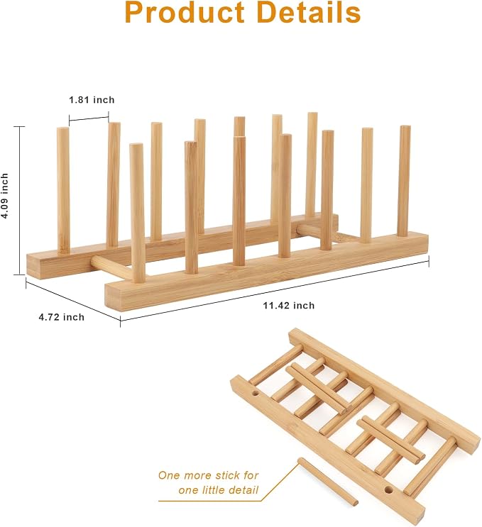 2 Pack Bamboo Dish Drying Rack, Natrual Wooden Plate Rack Holder, Kitchen Storage Organizer for Dish, Plate and Cutting Board