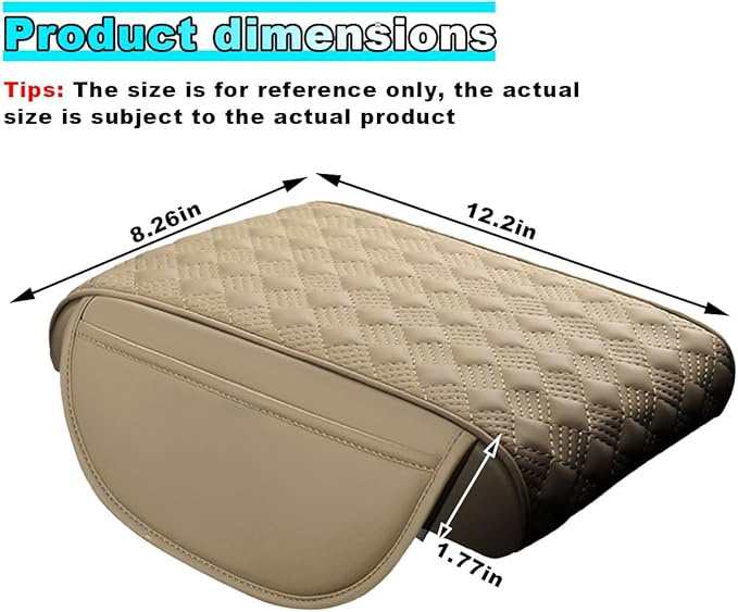 Car Center Console Cover with Storage Pocket, Waterproof Leather Car Armrest Cover Cushion Pad Distributes Elbow Stress, Non-Slip Middle Console Storage Box Covers for Most Vehicles (Beige)