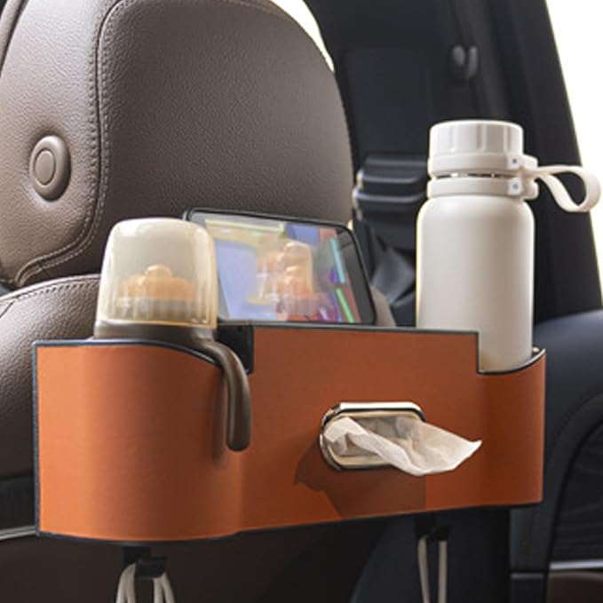 5-in-1 Car Backseat Organizer, 2026 Multifunctional Seat Back Storage Box with Cup Holder, Tissue Box, Phone Holder and 2 Hooks, Premium Leather Car Organizer for Tidy Car (Dark Brown-1Pc)