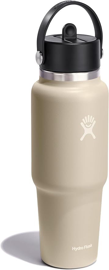 Hydro Flask Travel Water Bottle - Insulated Stainless Steel - Wide Straw Lid, Non Spill, Leakproof in 32 Oz Oat Tan