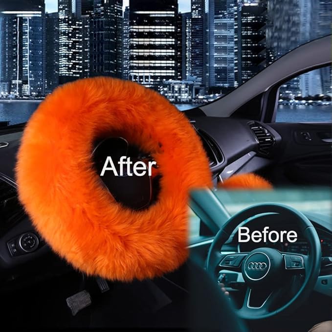 15inches Universal Leather Car Steering Wheel Cover Car Accessories Colorful Fuzzy Steering Wheel Cover Gear Shift Cover Handbrake Cover (Orange)