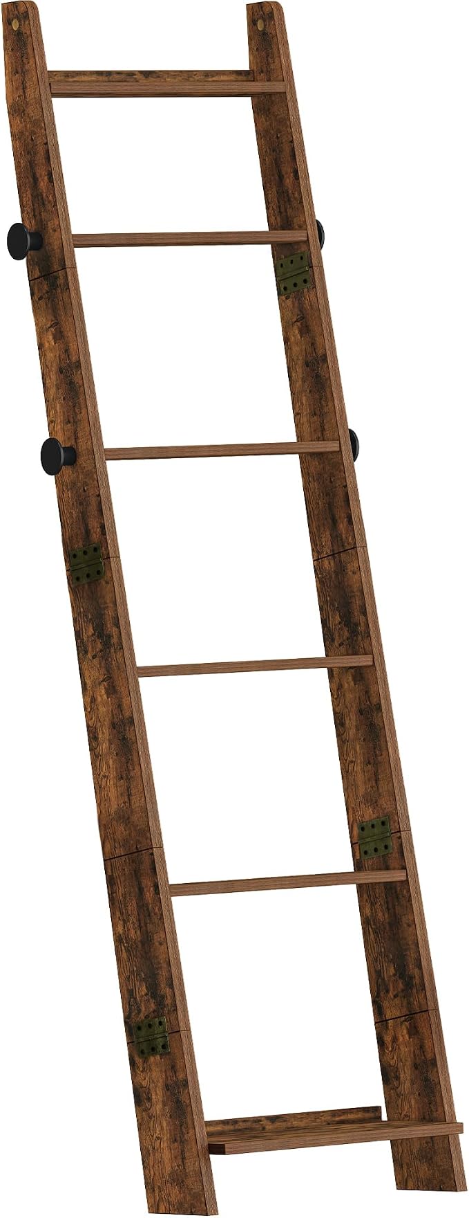 Hzuaneri Blanket Ladder for Living Room, Decorative Quilt Rack with 4 Removable Hooks, 6-Tier Blanket Ladder Shelf for Bedroom,Rustic Brown BR30601X