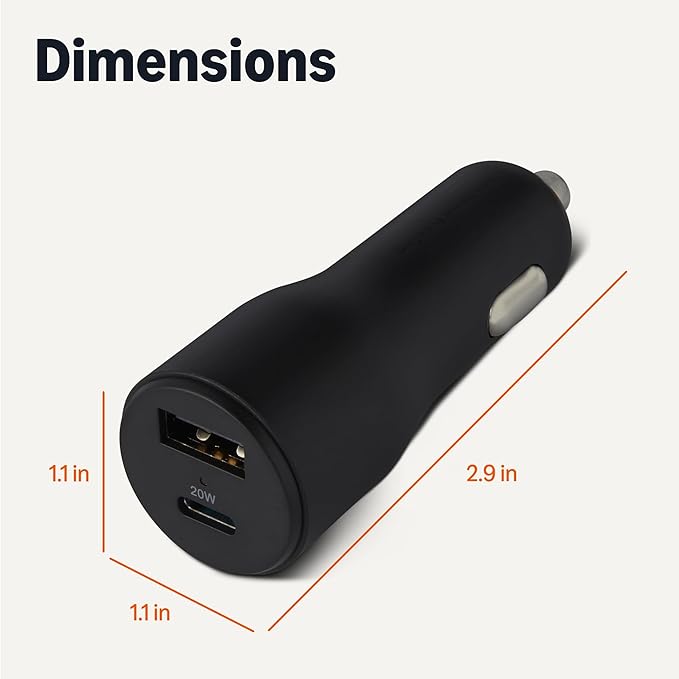 Amazon Basics Fast-Charging Car Charger, Dual-Port, 1 USBC+1 USB-A, 32W, 2.36" D x 2.36" W x 4.72" H, Black